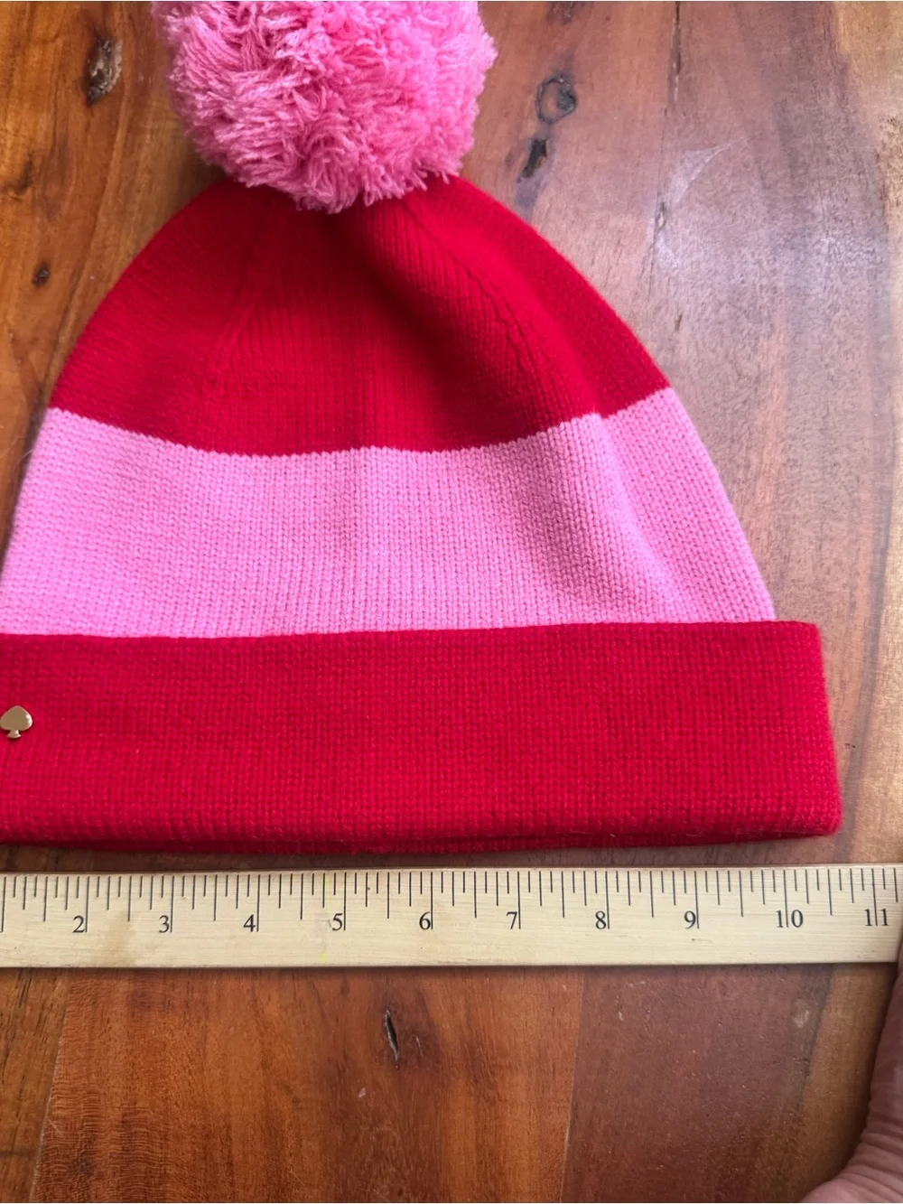 Kate Spade New York Pink Red Colorblock Pom Pom Beanie Hat Wool Blend